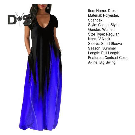 Women Maxi Dress with Pockets V Neck Short Sleeves Gradient Contrast Colors A-line Full Length Dress for Daily Party Dating
