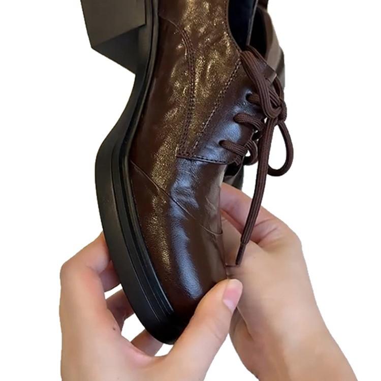 Lan Cabinet~ 2025 Autumn British retro round head lace-up loafers commuting versatile thick heel small leather shoes women's single shoes