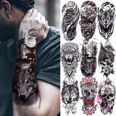 1PC Black Forest Tattoo Sticker For Men Women Children Tiger Wolf Death Skull Temporary Tattoo Fake Henna Skeleton King Animal Tatoo