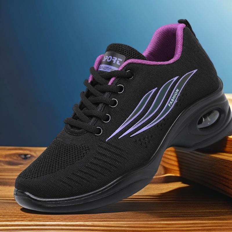 Zapatos de baile negros de malla tejida transpirable ultraligeros de suela blanda con amortiguación de aire real, talla grande