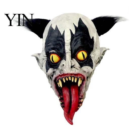 Evil Character Cosplay Headgear Halloween Horror Clown Mask with Long Tongue, Latex Scary Breathable Masquerade Gear Creepy Costume Prop for Parties,