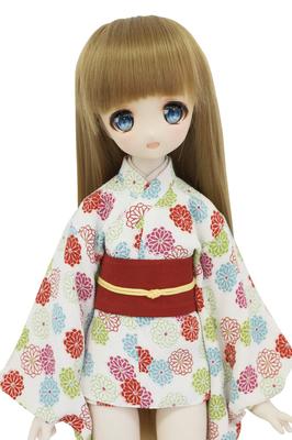 [Petite Marie] 13 MDD Compatible, Stylish Small Chrysanthemum Chirimen Mini-Length Kimono, White with Red Obi, 40cm Doll, BJD Doll Clothes [Petite