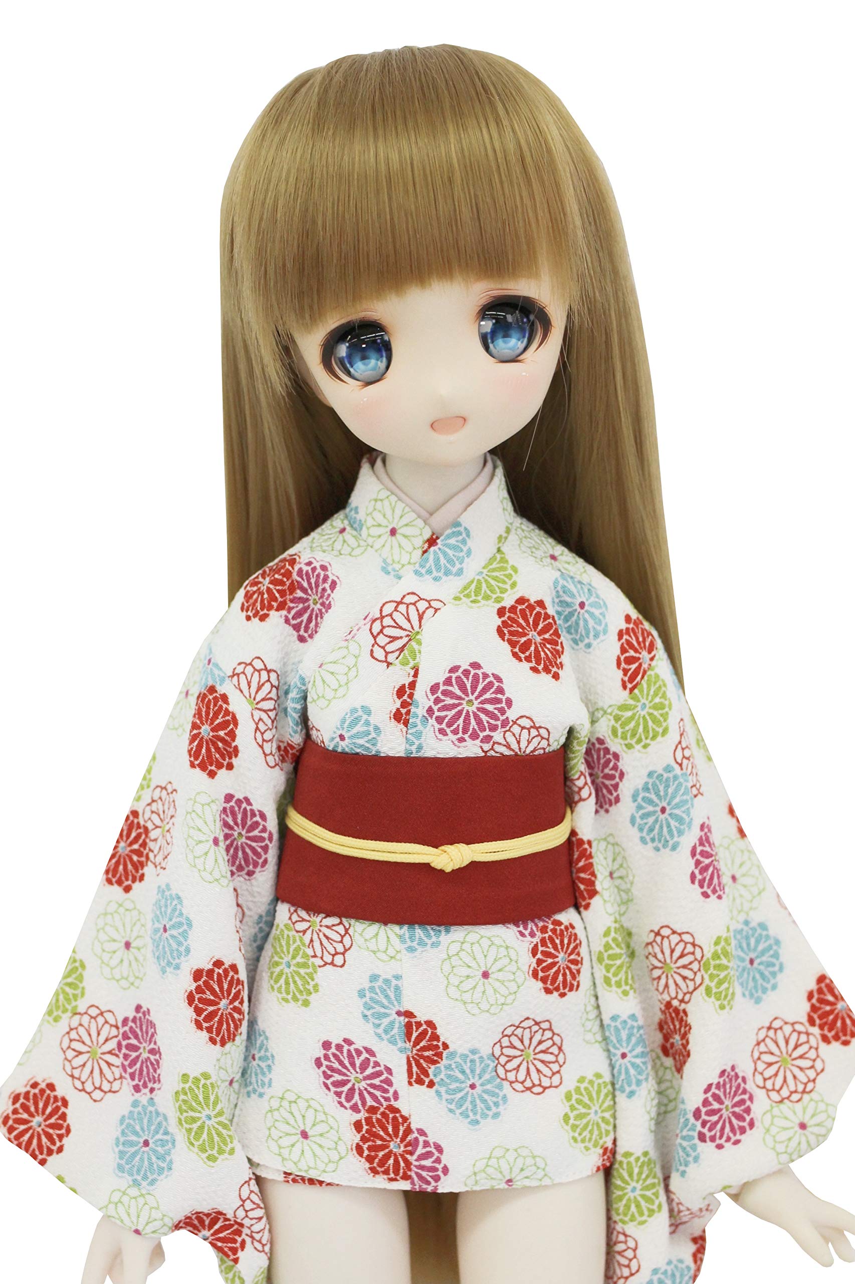 

[Petite Marie] 13 MDD Compatible, Stylish Small Chrysanthemum Chirimen Mini-Length Kimono, White with Red Obi, 40cm Doll, BJD Doll Clothes [Petite