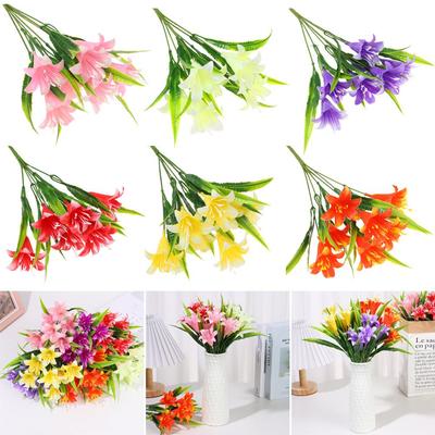 33cm 7Heads Vivid Water Grass Wedding Decor Fake Lily Persian Leaf Artificial Flowers Lilies Bouquet
