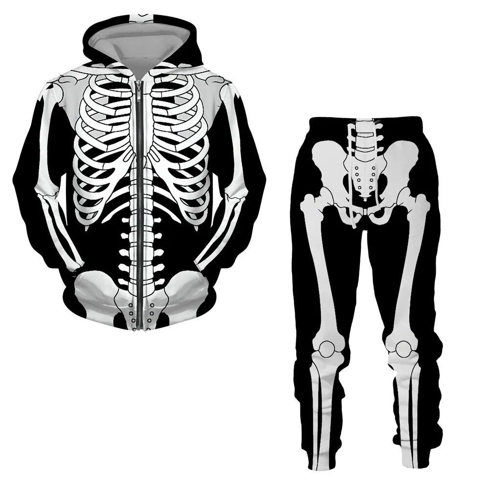 Halloweeen Cosplay Scheletro Splanchna 3D All Over Print Tute con cerniera Felpa con cappuccio da uomo Pantaloni 2 pezzi Set Abiti streetwear