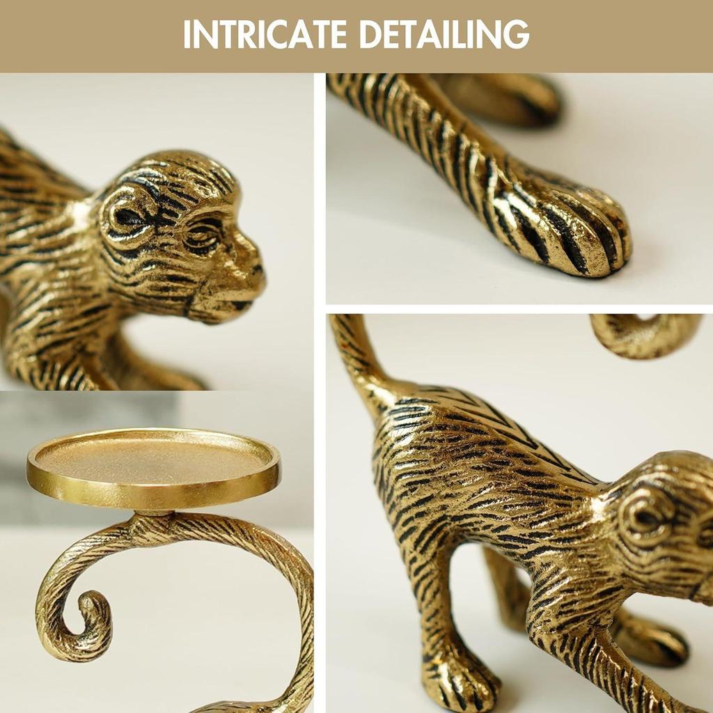 Metal Monkey Pillar Candle Holder Stand for Home Decor | Tabletop Showpiece in Aluminium with Brass Finish