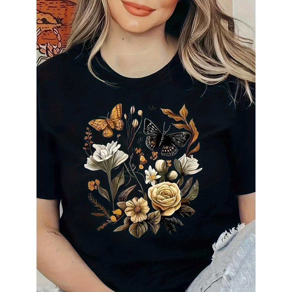 Damen Glitzerndes Strass Schmetterling T-Shirt Blau Grün Glitzer Druck Lässig Rundhals Kurzarm