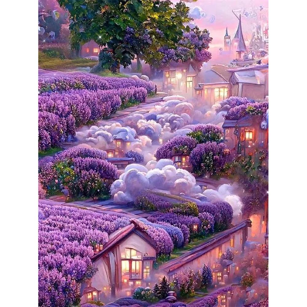 5D DIY Diamond Painting Beautiful Lavender House and Landscape Mosaic Diamond Embroidery Painting Full Rhinestone Home Decor