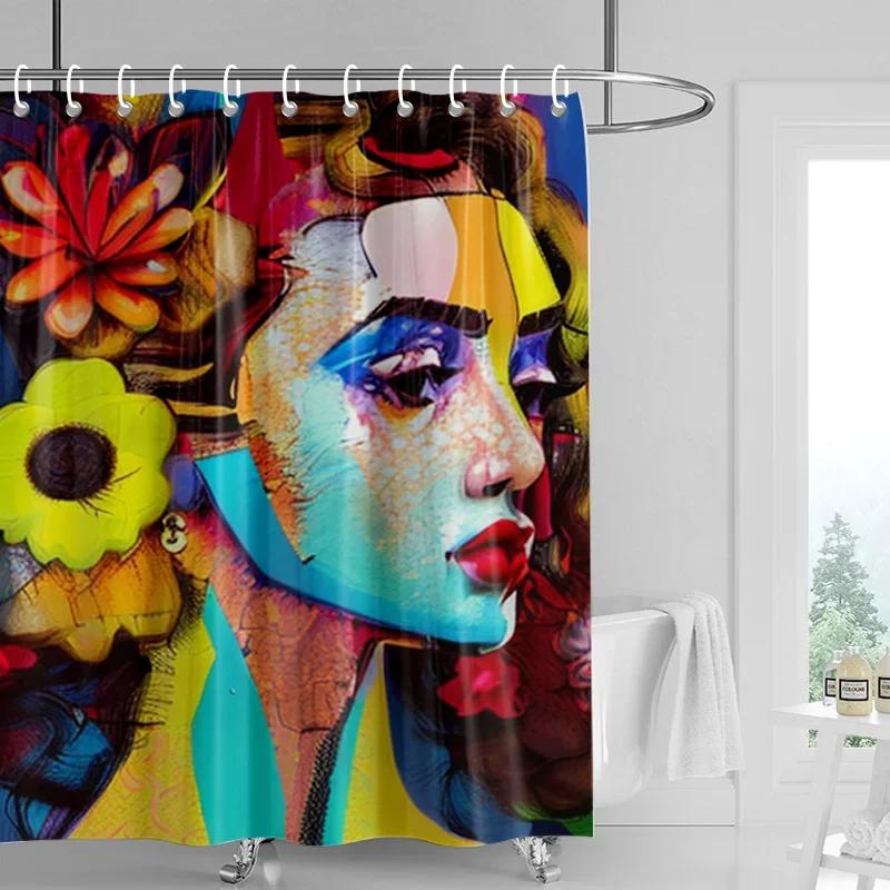 

Nordic Simple Style Morandi Shower Curtain Abstract Plant Character Pattern Bathroom Bathtub Dual-Use Shower Curtain W60H190(CM)-1 Pcs