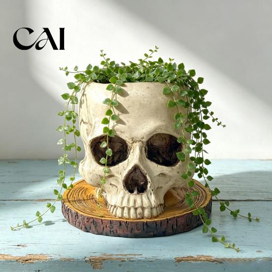 Unique Niche Decoration Halloween Retro Skull Planter, Spooky Gothic Human Head Flower Pot, Atmosphere Prop Skeleton Candy Bowl for Tabletop Home Bar