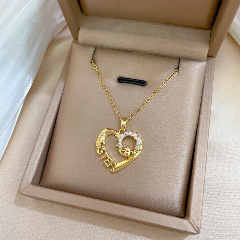 Love Ring Light Luxury Temperament Gorgeous Full Diamond Necklace Women'S Versatile Collarbone Chain Titanium Steel Chain