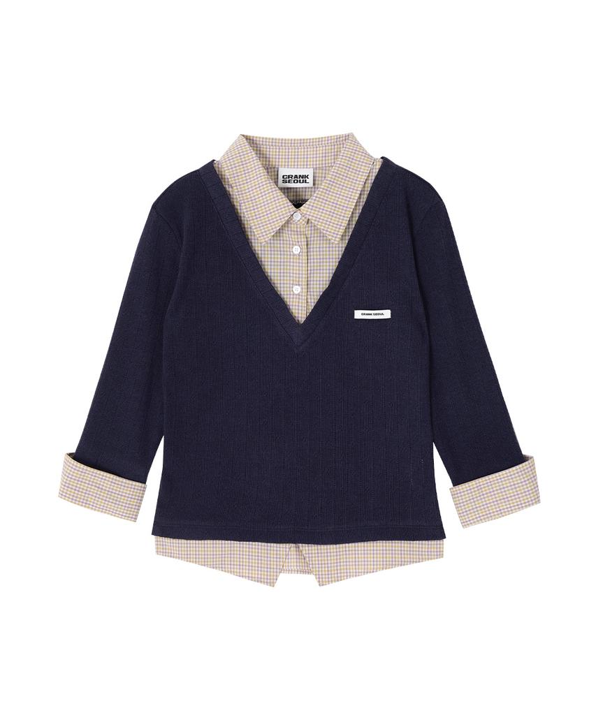 CRANK Knit Layered Check Shirt_Navy