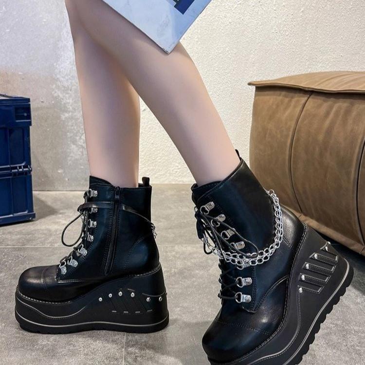 Fashion New Boots for Women Fashion Punk Goth Platform Heels Wedge Women's Boots Casual High Heels Chain Decoration Short Botines Mujer