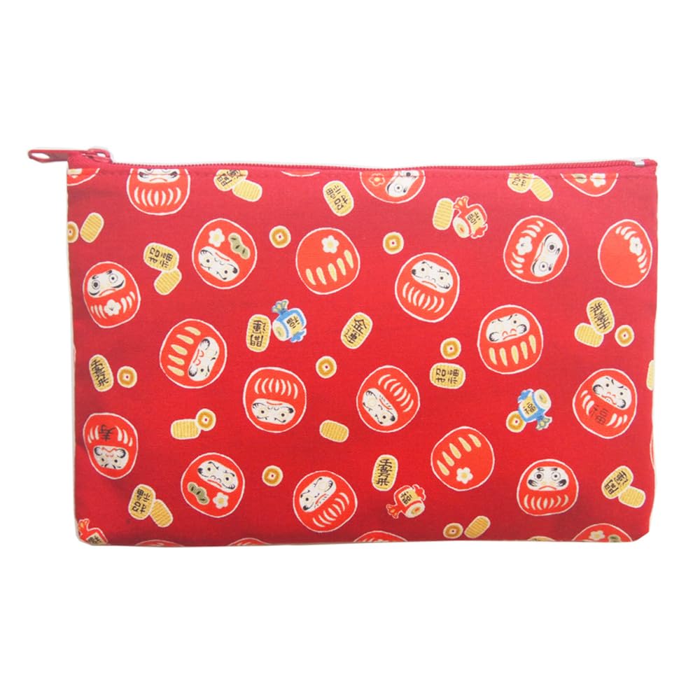 

Kyosuke Made in Japan Cotton Pouch for Cosmetics and 19cm x Flat Pouch with Daruma Red Makeup, 12.5cm, Small, Design,