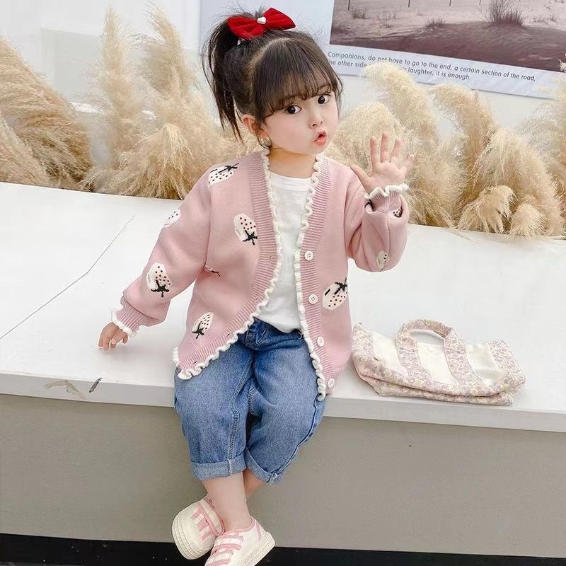 

Girls Knitted Cardigan Plus Velvet Thickening New Autumn Winter Small and Medium-sized 90 розовый