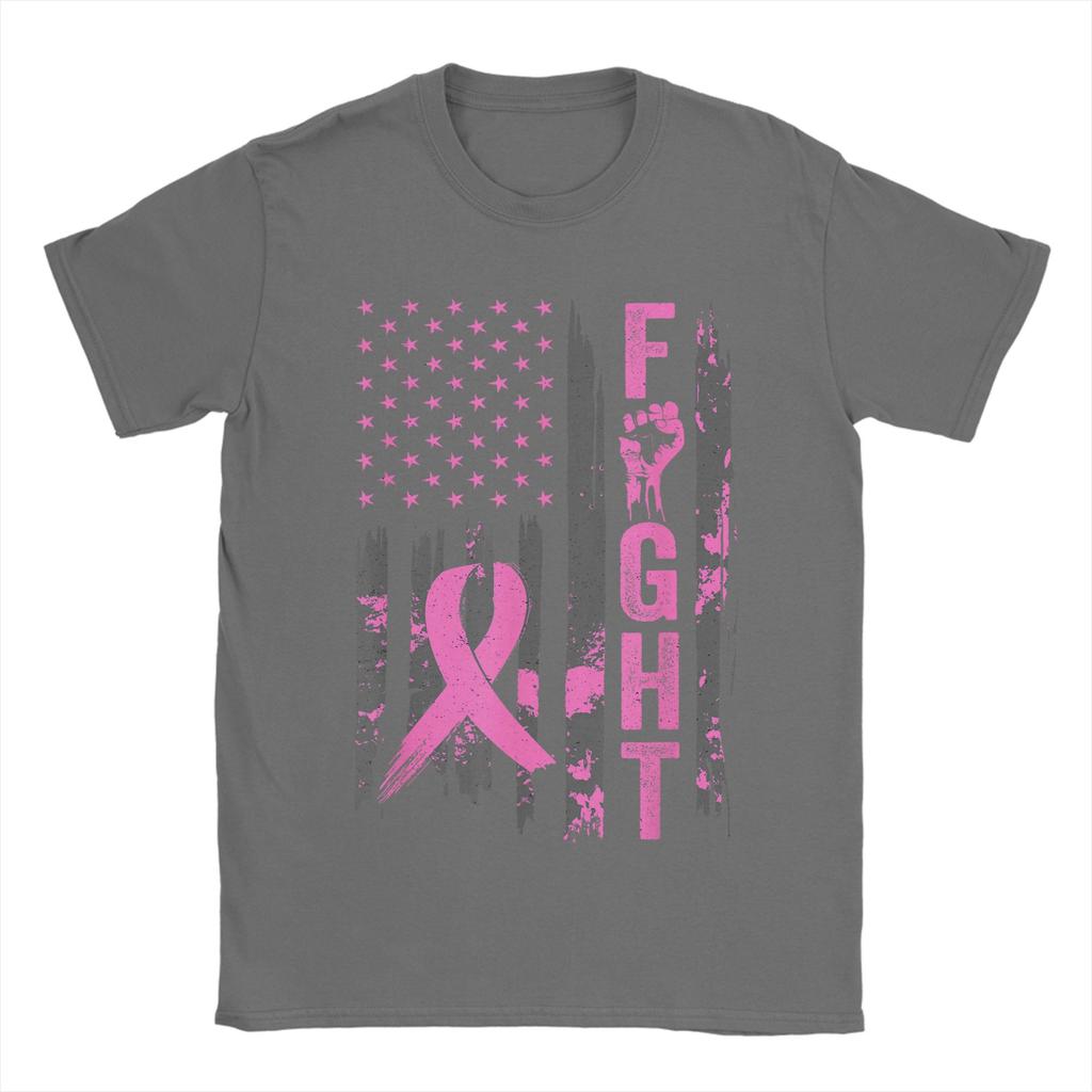 Fight USA Flag Breast Cancer Awareness Patriotic Pink Ribbon Men T Shirts Vintage Tees Short Sleeve Round Neck T-Shirt Clothes