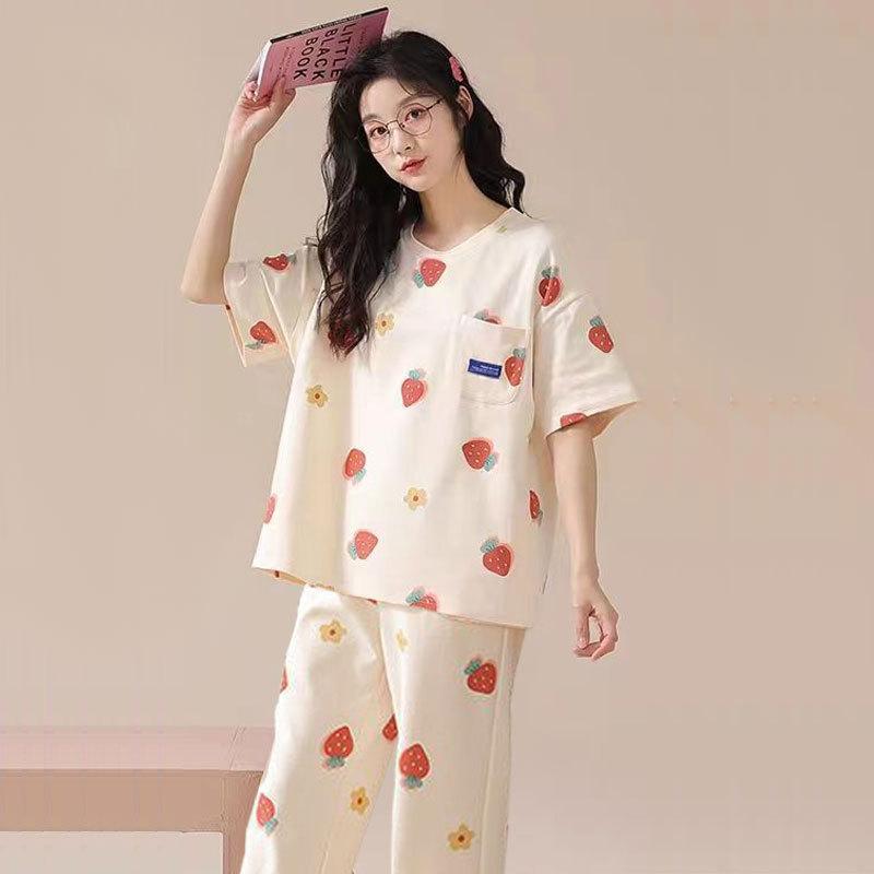 Spring and autumn summer pure cotton pajamas women's short-sleeved trousers round neck pullover cartoon bear imitation cotton women's loungewear suit