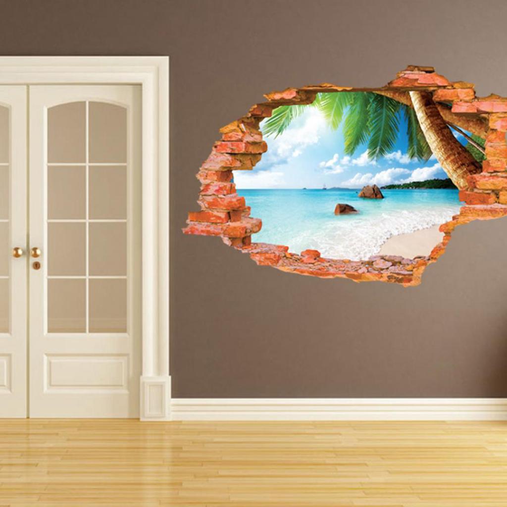 3D Beach Background Creative Removable Wall Sticker Living Room Decoration CDN