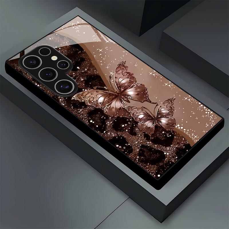 

Brown butterfly leopard print glass phone case suitable for Samsung Galaxy S26 S25 S24 S23 S22 S21 S20 FE/Ultra/Plus dustproof Galaxy S23 FE