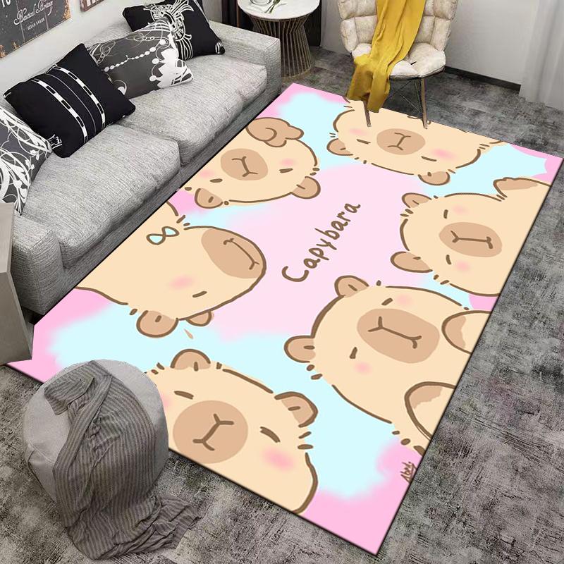 Cute Capybara Cartoon Design Carpet with Pastel Pink and Blue Background Suitable for use as an anti-slip for living room bedroom sofas