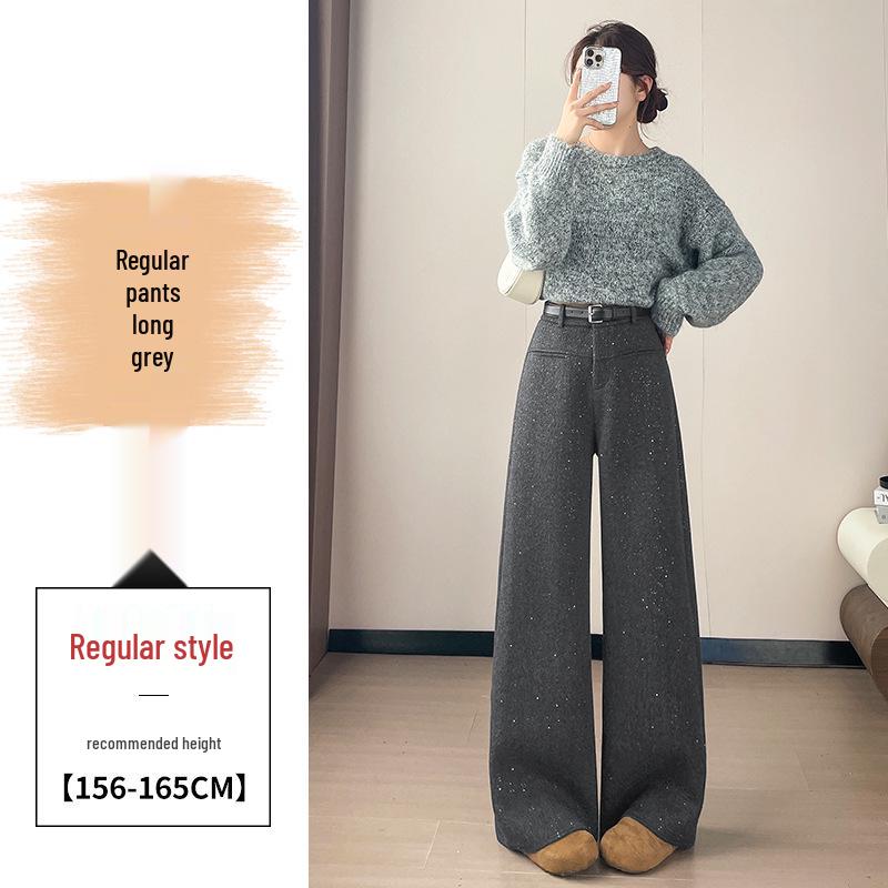 

2025 Autumn/Winter Women s High Waist Woolen Wide-Leg Pants - Acetate Wool and Plus Velvet, Japanese Korean Style. Double Extra Large