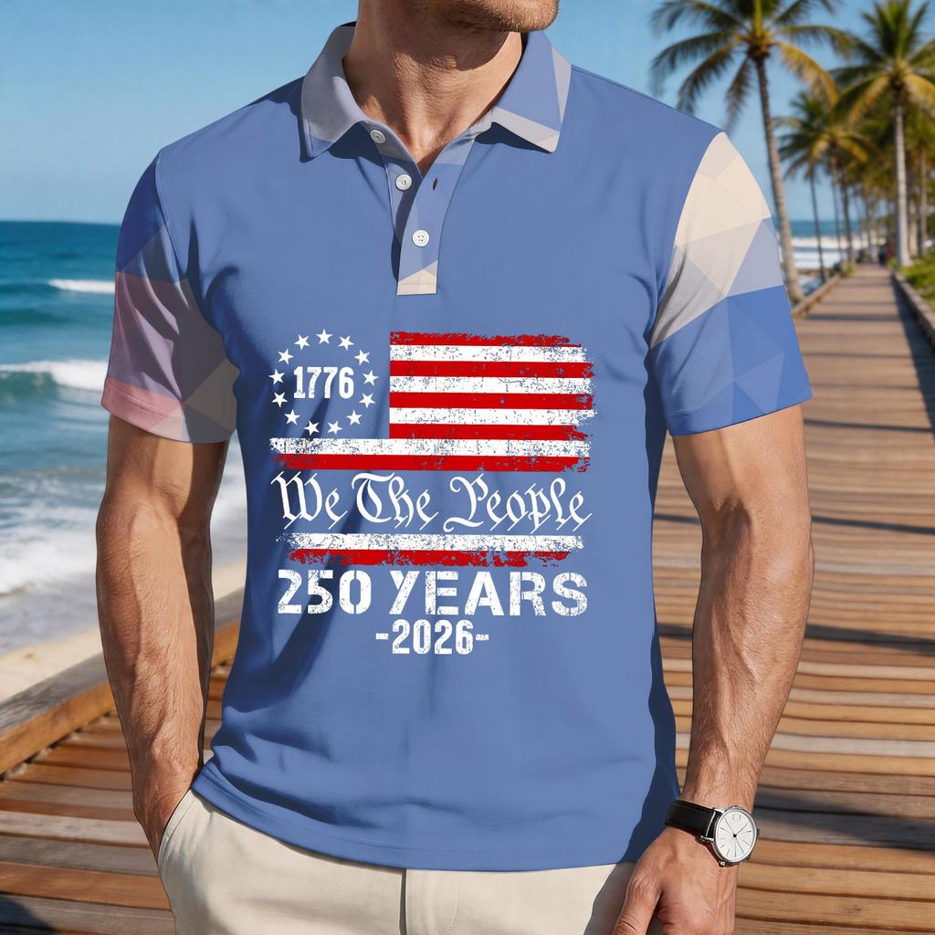Men's Loose Fit Casual Polo Shirt Short Sleeve Printed Flag Graphic Button Collar Comfortable Summer Top