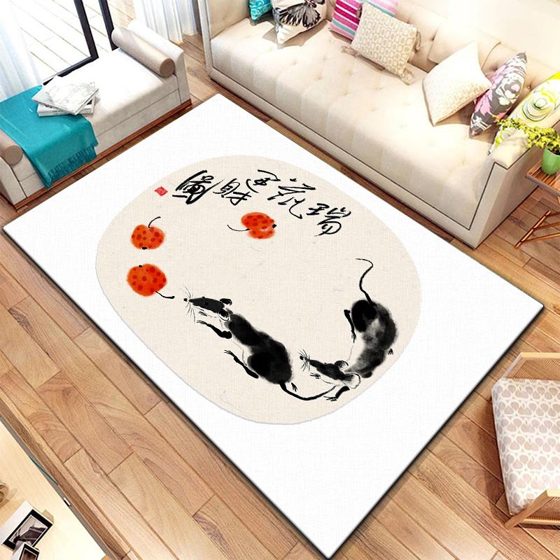 Twelve Chinese Zodiac Animals Painting Carpet for Living Room Large Area Rug Black Soft Carpet Home Decoration Mats Boho Rugs