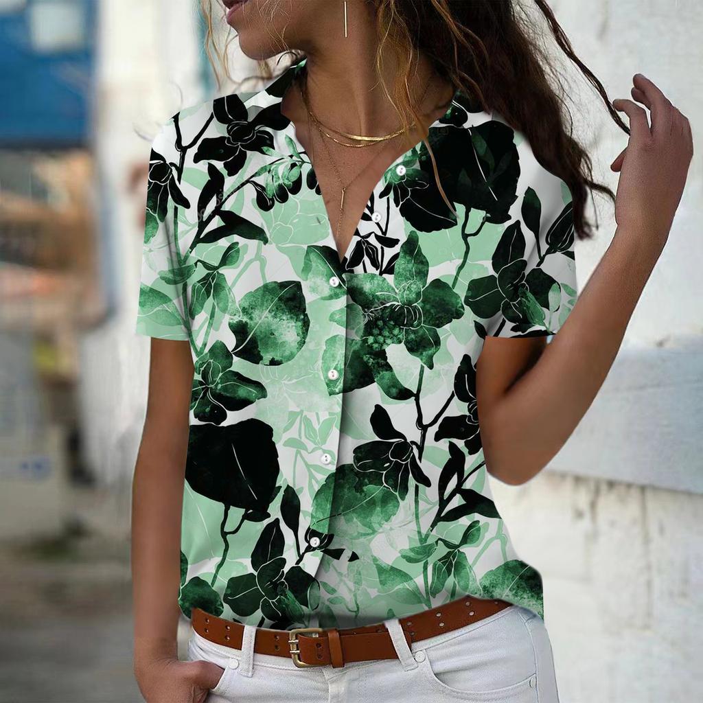 2025 Sommer Neue Mode Damen Blattdruck Kurzarm V-Ausschnitt Lässiges Button-down Hemd Top