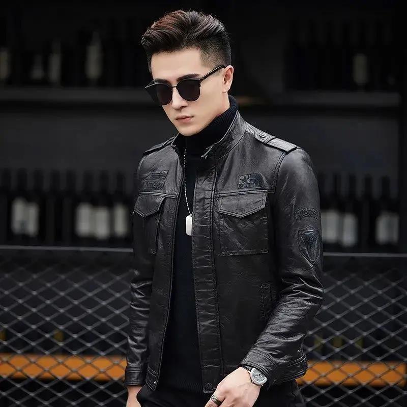 

Men s Slim Leather Motorcycle Jacket, Korean Style, Stand Collar, Spring/Autumn Casual Wear 2XL - 140-155 lbs