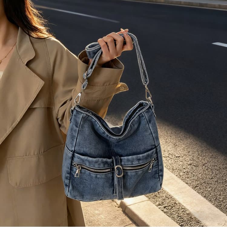 Vintage gewaschene Denim-Tasche mit großem Fassungsvermögen