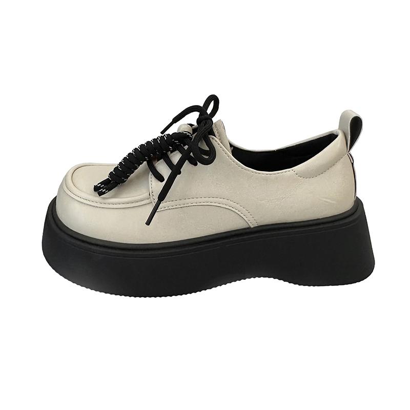 

2025 Retro Round-toe Beaded Small Leather Shoes New Style Versatile Fashion Style Thick-soled Thick-heeled Lace-up Loafers 39 бежевый