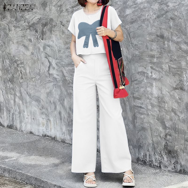 ZANZEA Conjuntos Casuais de Duas Peças para Mulheres: Blusa Floral de Manga Curta e Calças