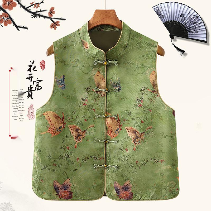 

Chinese Retro Butterfly Print Round Neck Vest with Frog Buttons 3XL (Recommended 120-135 jin) зелёный