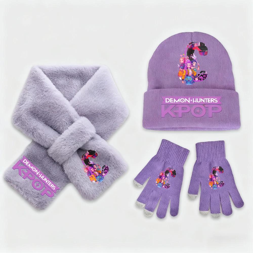 3Pcs KPop Demon Hunters Collection Fashion Kids' Clothing Designed for Girls - Warm Knit Hat Scarf Plus Gloves - Cold Season Casual Birth Date