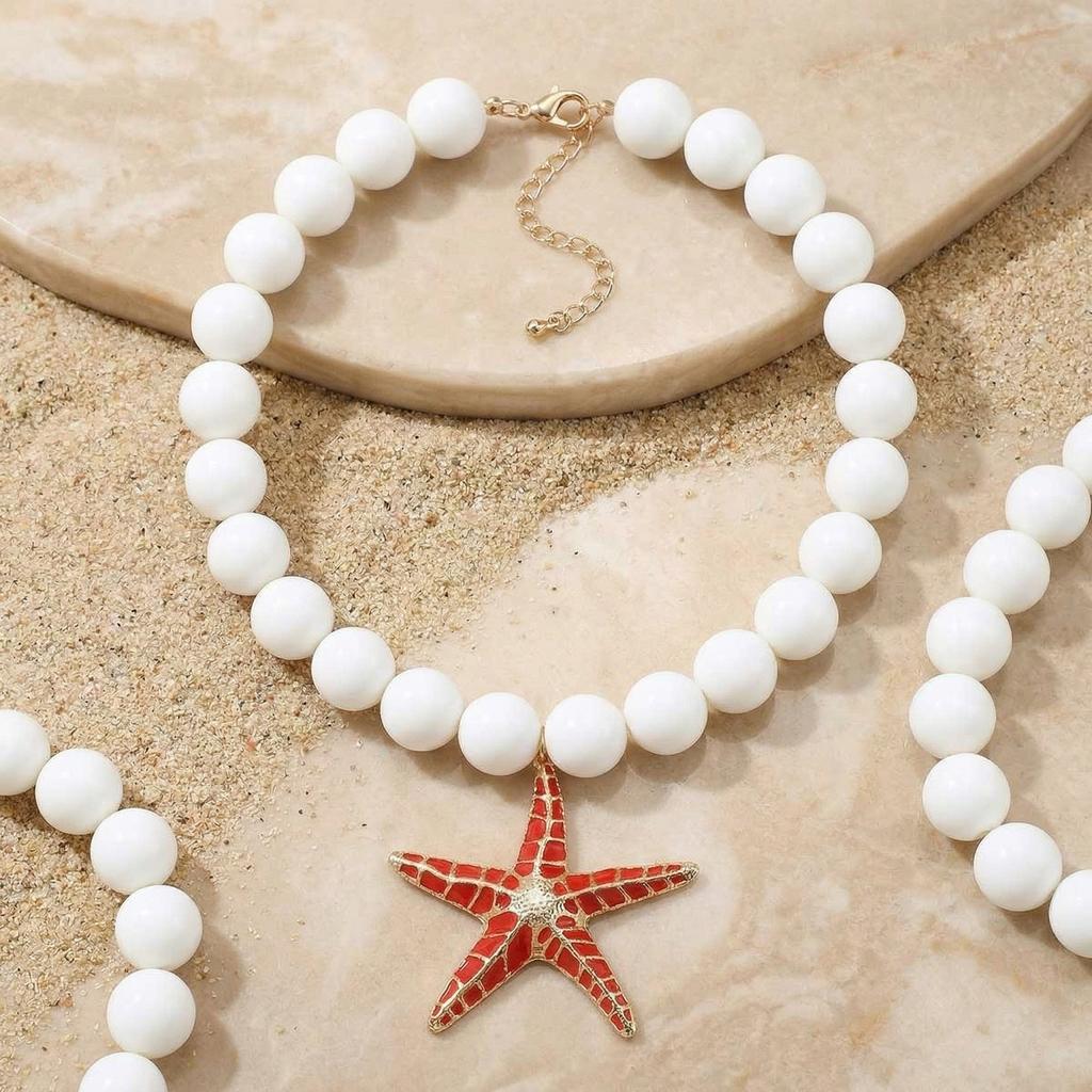 Creative Red Lobster Crab Starfish Coral Pendant Beads Necklace Stylish Versatile Niche Summer Beach Vacation Collarbone Chain