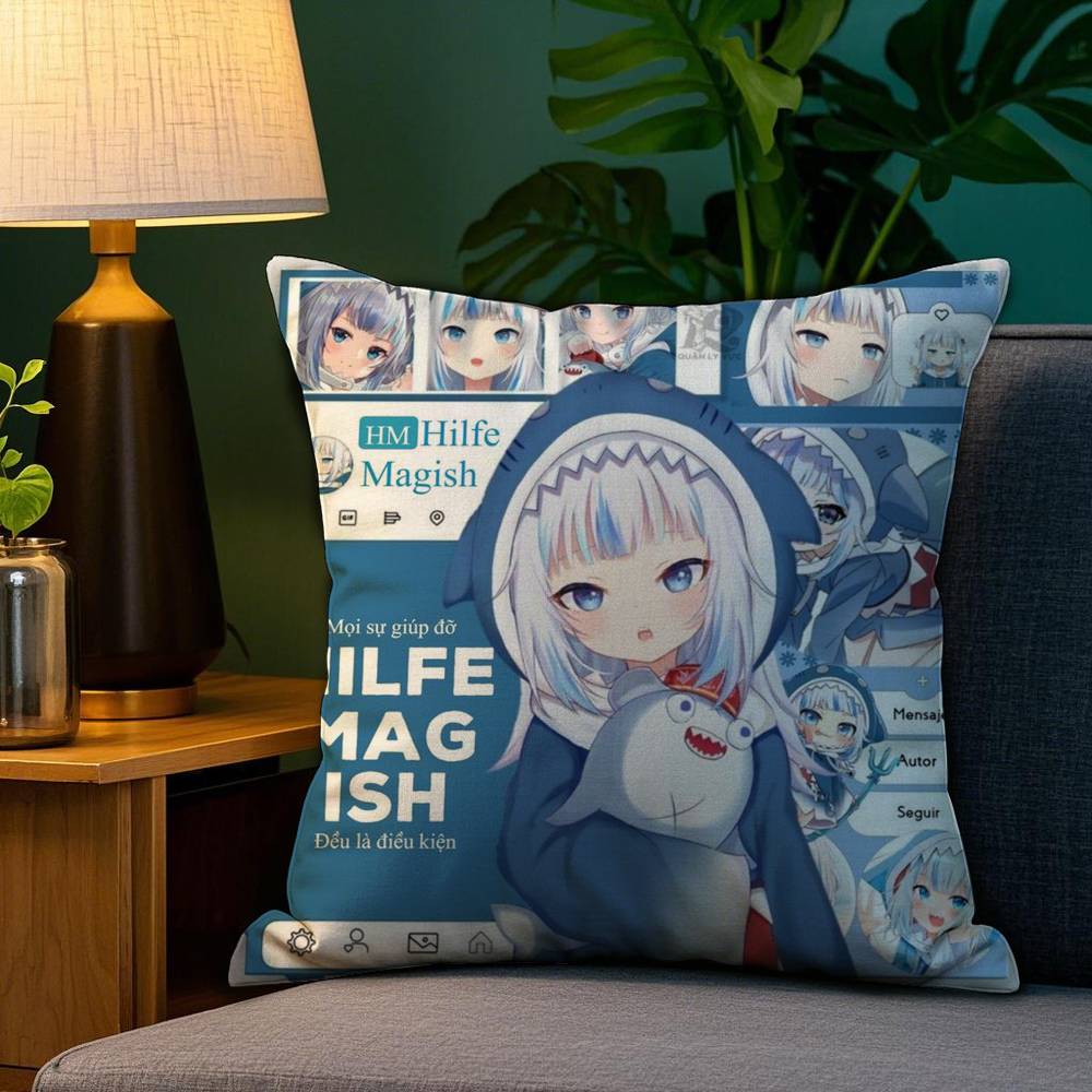Cute G-Gawr Gura Pillow Case Sofa Living Room Bedroom Double-sided Printing Square Cushion Nap Time Cushion Cover