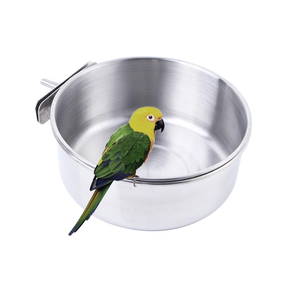 Food Dish Clamp-on Stainless Steel Hamster Bird Feeder Parrot Feeding Bowl Water Drinker Cage Cup