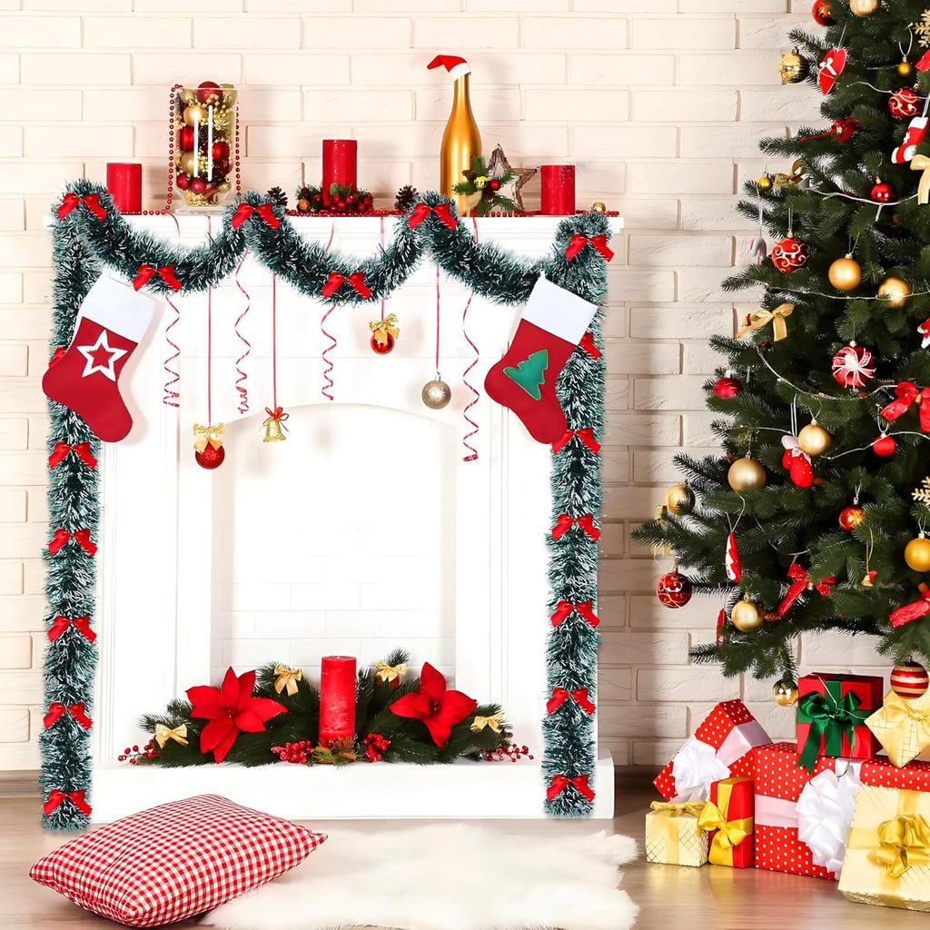 Christmas Tree Garland with Green Bow, White Tip Decoration, Festive Tinsel Ribbon for Xmas Tree Decor, Holiday Party Streamers