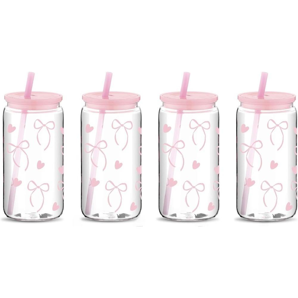 1 Stück Mode 16oz Pinke Schleife Plastik Thermobecher mit Deckel und Strohhalm, Perfekt für Eiskaffee, Ideales Geschenk für Frauen und Schwestern