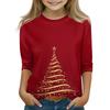 Christmas Day Print Tops For Youth Girls 4-11 Years Round Neck 3/4 Sleeves T-Shirts Trendy Tops Outfit Tees