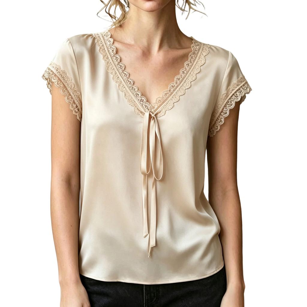 Women Satin Lace Trim Short Sleeve V Neck Blouse with Tie Front and Relaxed Fit for Casual or Office Wear