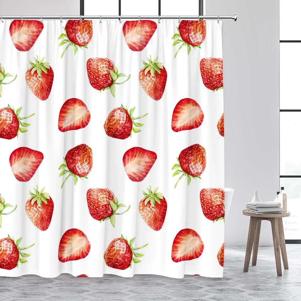Tropical Fruits Shower Curtains Red Strawberry Lemon Pineapple Blueberry Cherry Bath Curtain Polyester Bathroom Decor with Hoo