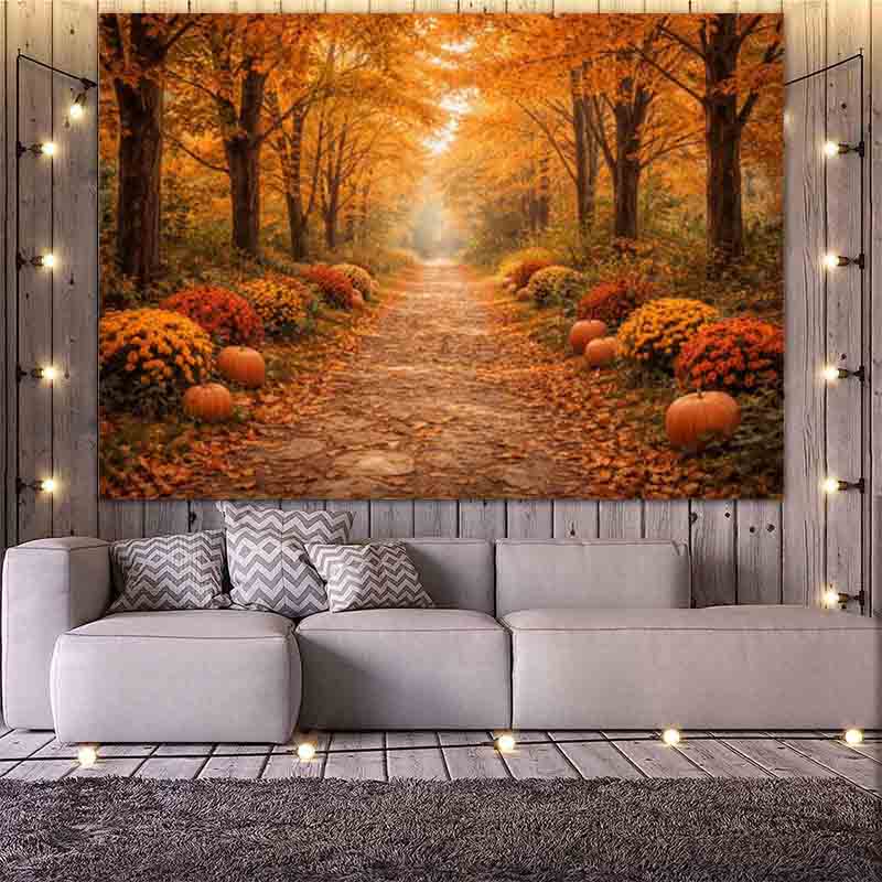 Autumn Forest Path Pumpkin Photography Backdrop Fall Maple Leaves Thanksgiving Harvest Season Outdoor Portrait Photo Bac