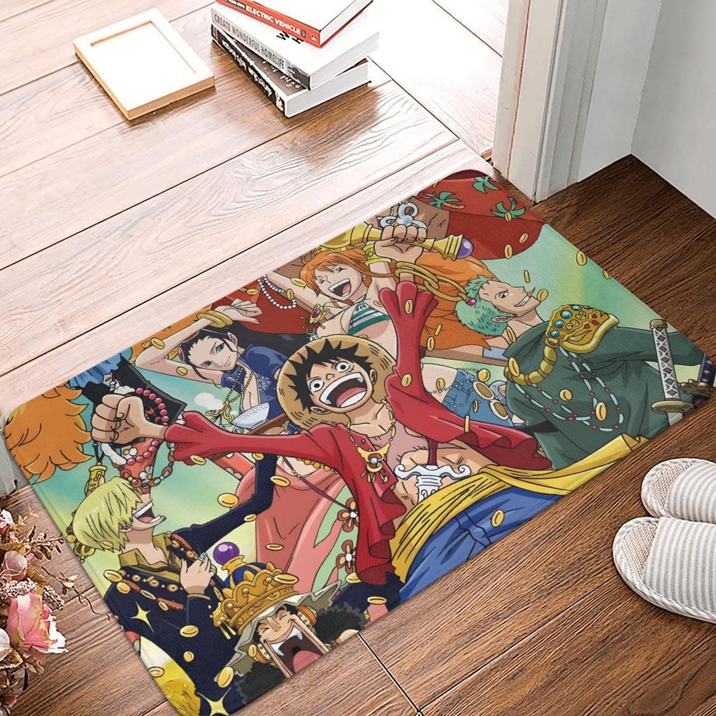 Anime One Piece Front Door Mat Anti-Slip Outdoor Absorbent Straw Hat Pirates Luffy Doormat Garden Garage Entrance Rug Carpet