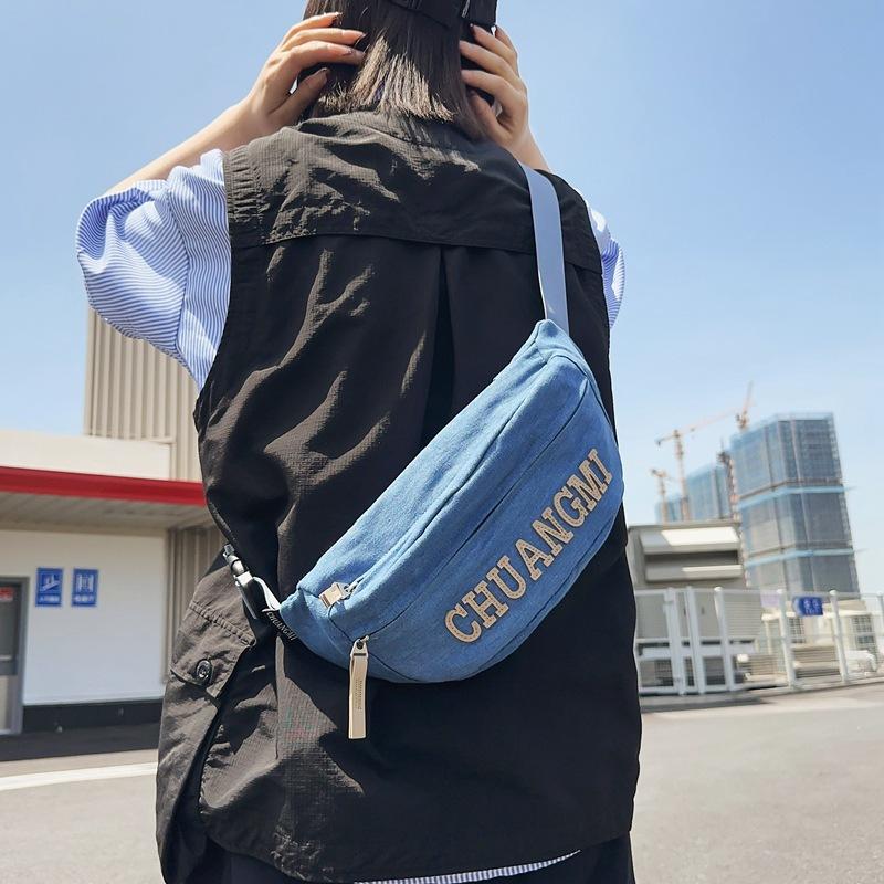 Women's Denim Chest Bag Letter Crossbody Bag Waist Bag Men's Large Capacity Sports Bag