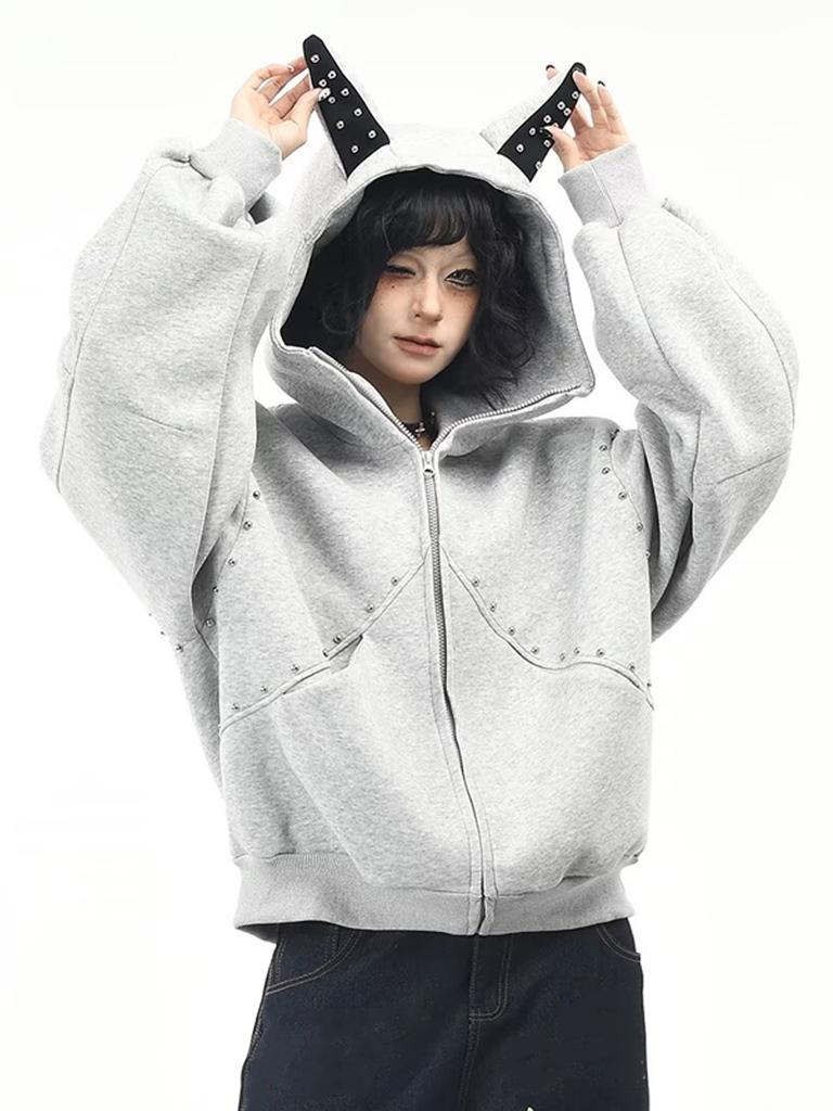 Damen Baggy Kapuzenpullover Niet-Spleißmantel Reißverschluss Strickjacke Jacke Harajuku Kleidung Herbst Winter
