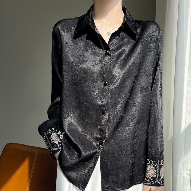 Women's Retro Chinese Tang Suit Style Satin Jacquard Shirt, Long Sleeve, 2026 Design