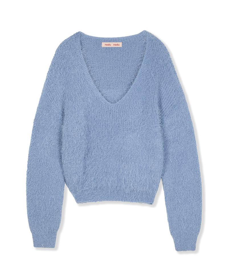 Nodeuyuumeon Feather Hacci V-Neck Knit [Blue]