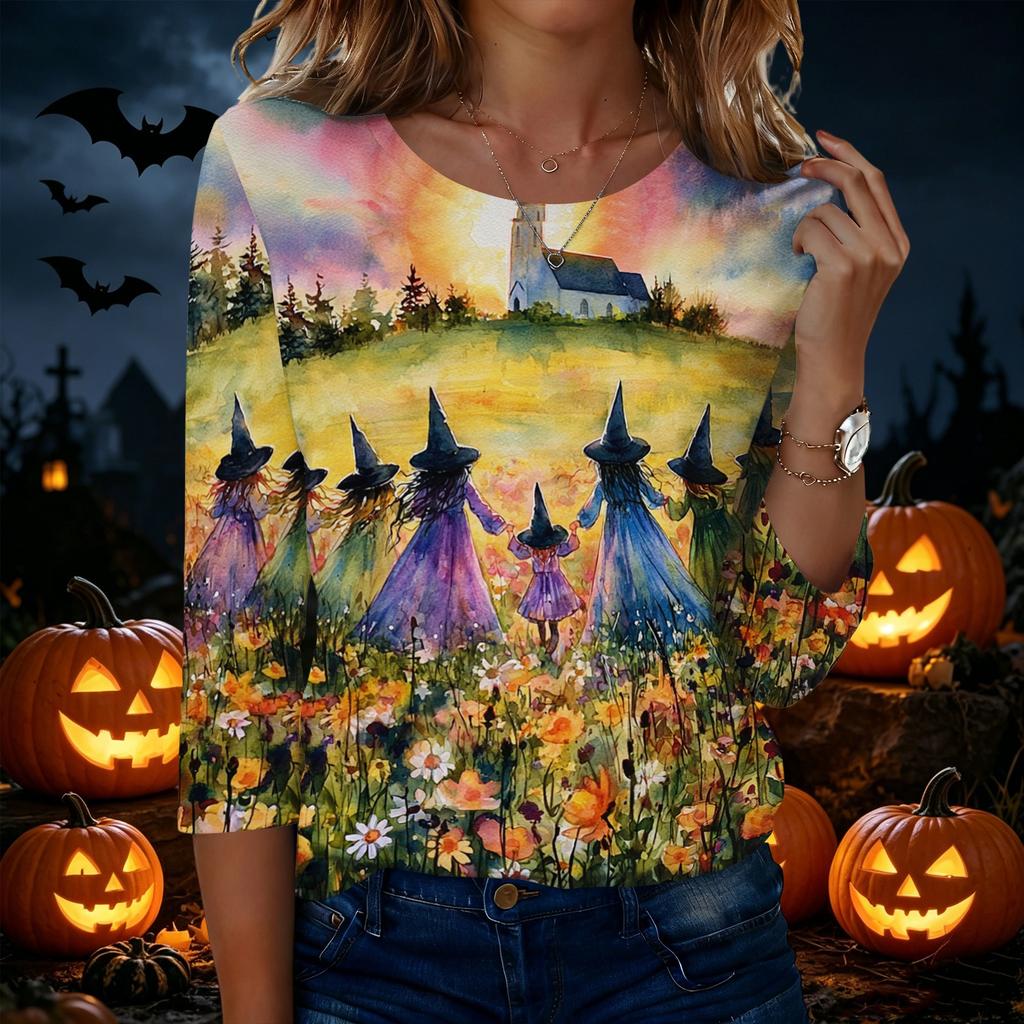 Women's Casual Halloween Print Neck 3/4 Sleeve T-Shirt Top