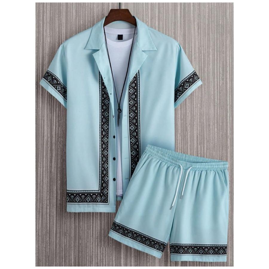 Casual Fashion Men's Short Sleeve Shirt Summer Short Sleeve Shirt and Beach Shorts Men's Set
